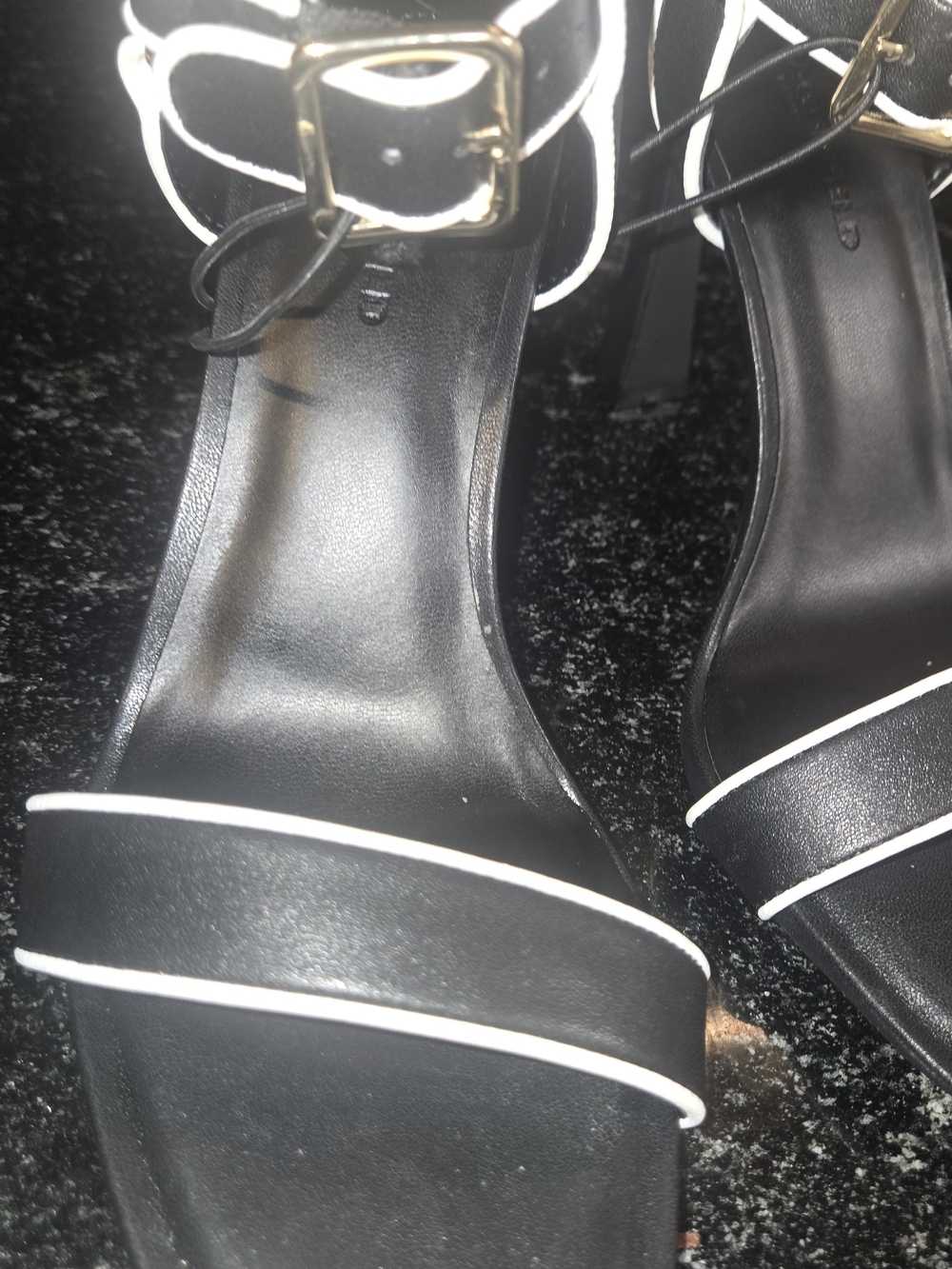 Karl Lagerfeld Black Heels with White Trim and Gold Buckles - Picture 3 of 9